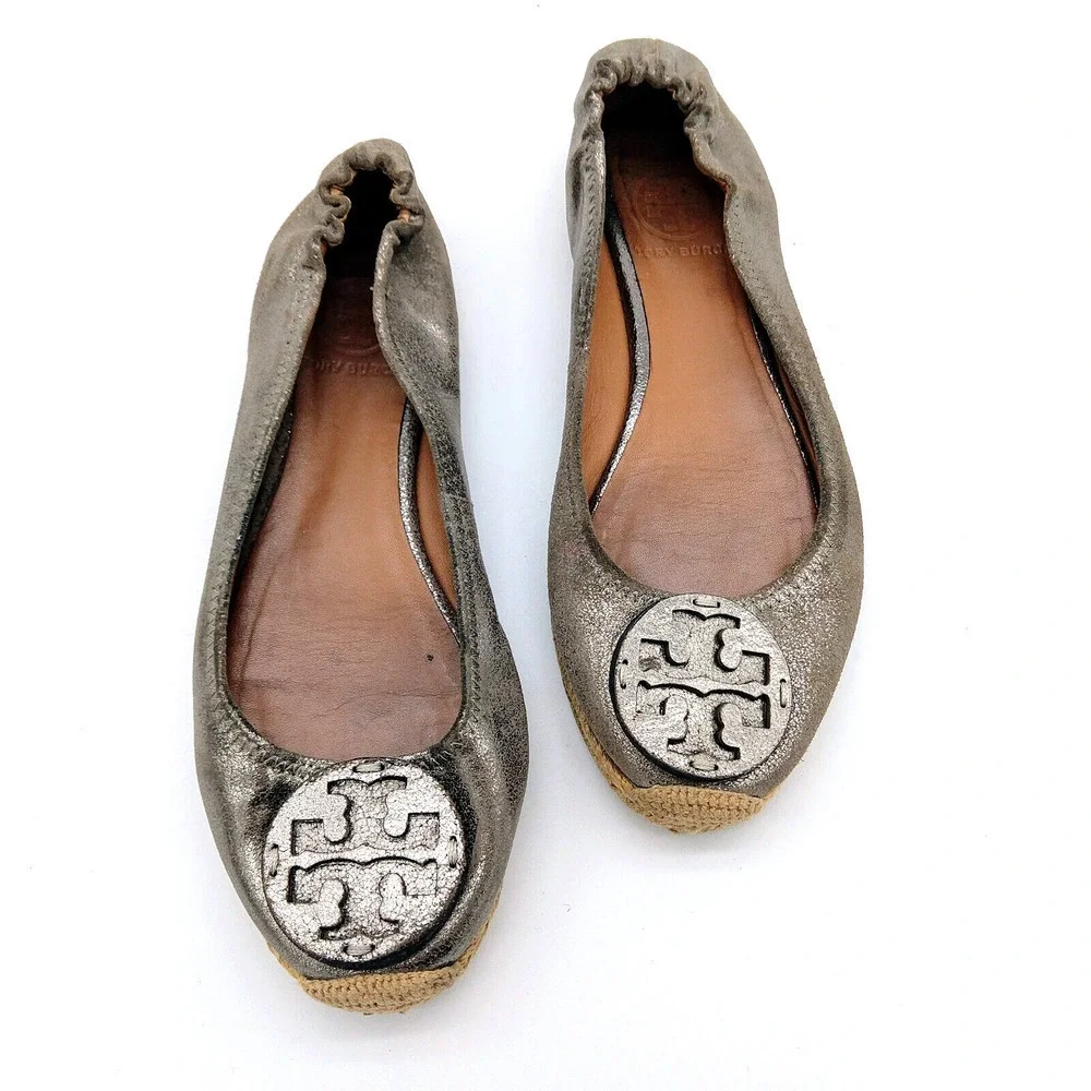 Tory Burch Reva Espadrille Flats Size 7 Bronze Metallic Leather Slip On READ